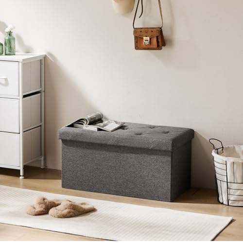 30 Inches Folding Storage Ottoman Bench with Padded Seat for Bedroom, Small End of Bed Foot Rest Stools Storage Chest, Living Room, Pure Grey.