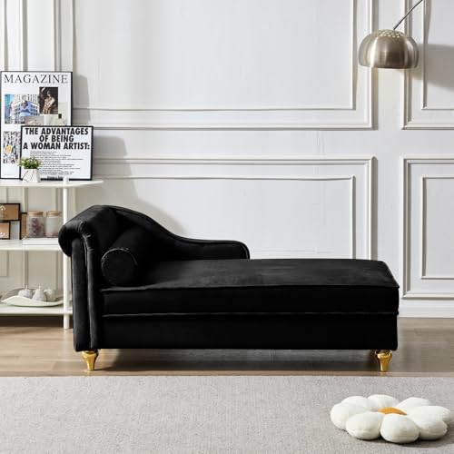 60" Black Velvet Chaise Lounge Indoor with Storage & Gold Metal Legs, view 2