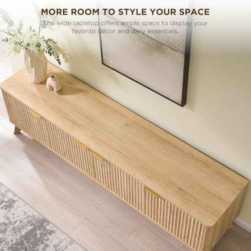 70" Mid Century Modern Fluted TV Stand,4-Door Storage, Natural Oak, view 5