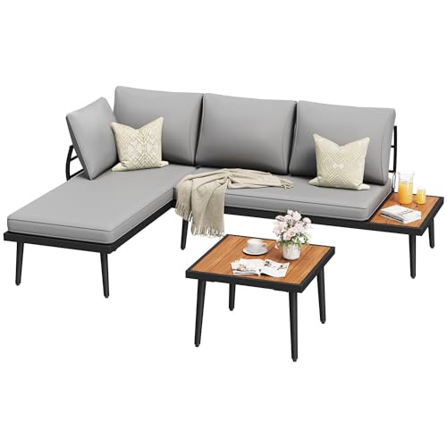 Outdoor Sectional Sofa Set L-Shaped Metal Patio Furniture with All-Weather Cushions and Built-in Side Coffee Table for Garden, Lawn, Backyard, Poolside, Gray