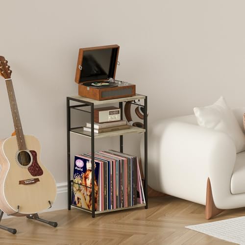 3 Tier End Table, Record Player Stand with Storage Up to 100 Albums, view 5