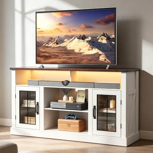 Farmhouse TV Stand for 65 Inch TV with LED Lights, TV Console, White, view 2