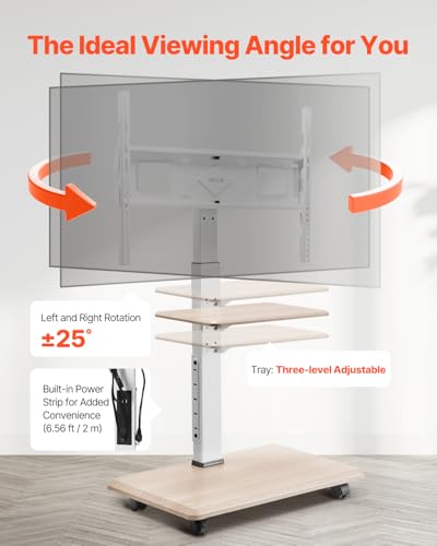 Rolling TV Stand, Mobile TV Cart for 32-70 Inch Screens, 25° Left-Right Rotation and Height Adjustable TV Mount with Tray, Holds up to 88 lbs for Corner, Bedroom, Outdoor, Max VESA 600x400mm