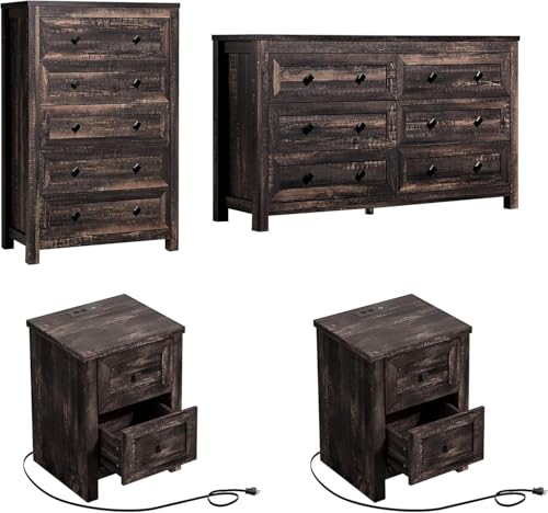 Farmhouse Bedroom Furniture 4 Pieces, 1 X Wood Rustic 6 Drawer Storage Dresser, 1 X 5 Drawer Dresser, Nightstand Set of 2 with Charging Station, Farmhouse Bedroom Set, Black