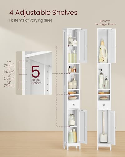 VASAGLE Tall Storage Cabinet, Slim Freestanding Floor Cabinet with Adjustable Shelves, Drawer, Open Compartments, for Small Spaces, Bathroom, Living Room, Modern, Cloud White UBBC765W01