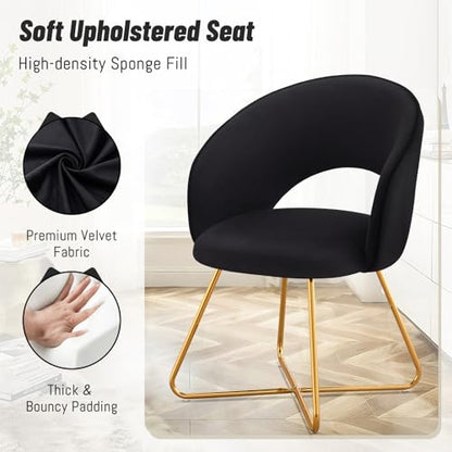 Velvet Accent Chair for Living Room, Comfortable Upholstered Barrel Vanity Chair with Back, Mid Century Black Makeup Chair with Gold Legs (Black)