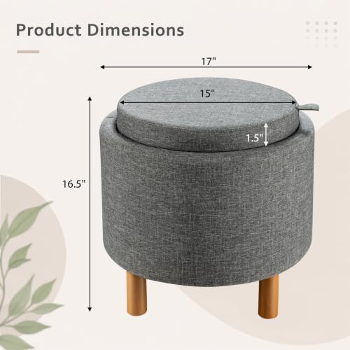 Round Storage Ottoman with Tray, Accent Storage Footstool, Gray, view 4