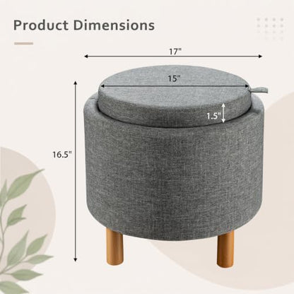 Round Storage Ottoman with Tray, Accent Storage Footstool, Gray, view 4