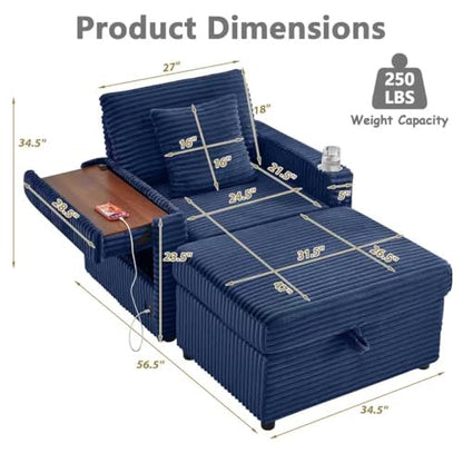 Chaise Lounge Chair Indoor with Ottoman, Corduroy Sofa Bed with Table Board, view 3