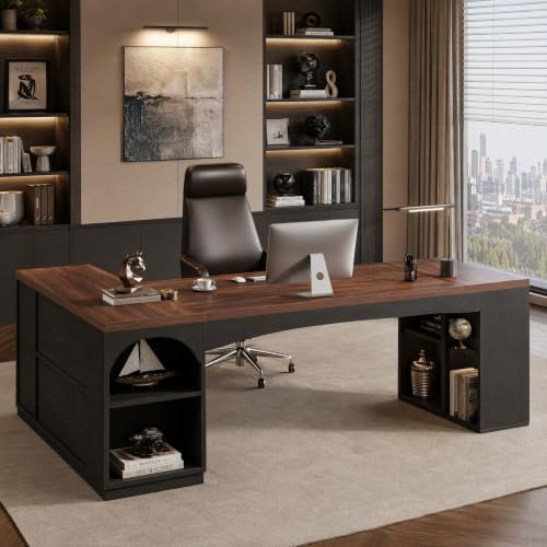 86.6" L-Shaped Executive Desk with 3 Drawers & Storage Shelves, view 5
