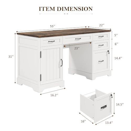 55'' Farmhouse Desk Home Office with Drawers, White, view 3