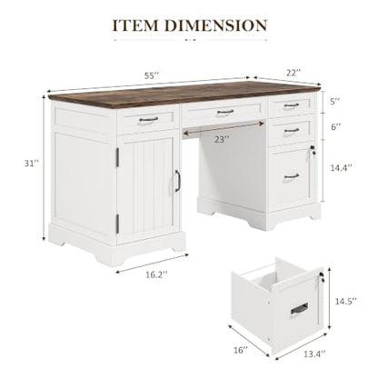 55'' Farmhouse Desk Home Office with Drawers, White, view 3