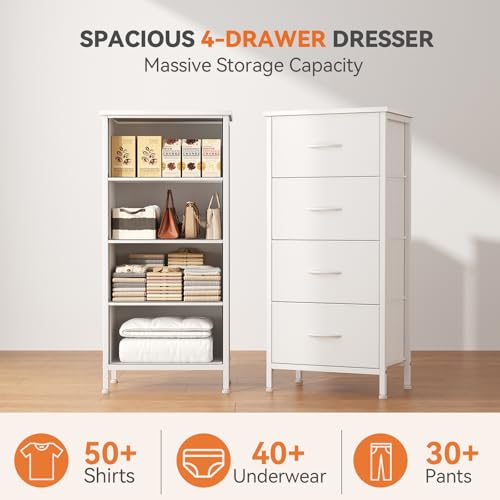 4 Fabric Drawer Small Dresser, Bedside Nightstand with Wooden Top Sturdy Frame, Entryway Closet Bedroom Storage Cabinet Furniture for Dorm,White