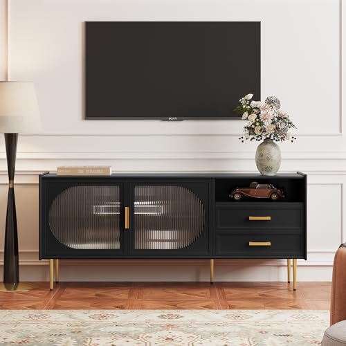 Modern 60” TV Stand for 55/60/65 inches TVs, Glass Door TV Console Table with Drawers, Entertainment Center with Storage, Black Television Stands, Wood Media TV Cabinet, Living Room