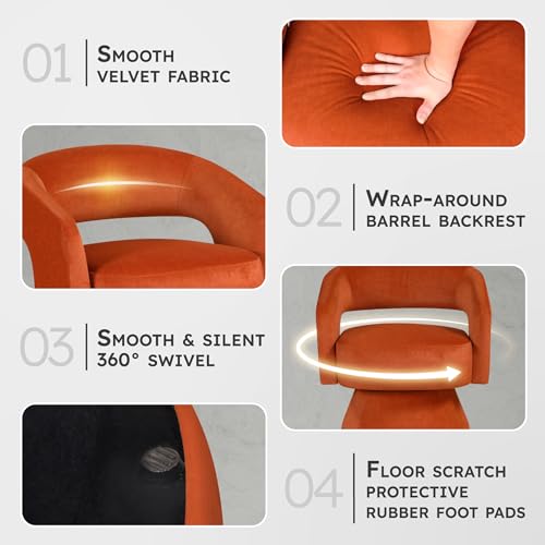 360 Degree Swivel Accent Chair, Modern Comfy Velvet Round Barrel Chair, Open Back, Plush Foam Cushions, Metal Swivel Base for Living Room/Bedroom/Office/Small Spaces, Orange