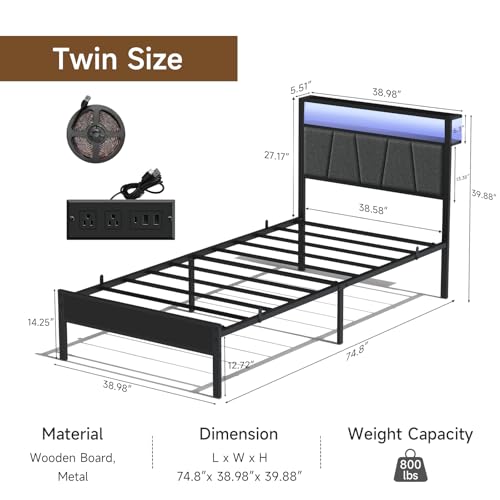 14 Inch Storage Headboard with Charging Station Twin Bed Frame, view 3