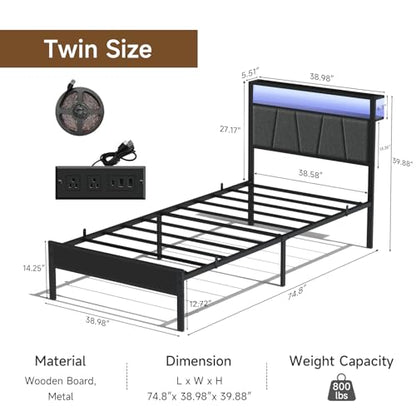 14 Inch Storage Headboard with Charging Station Twin Bed Frame, view 3