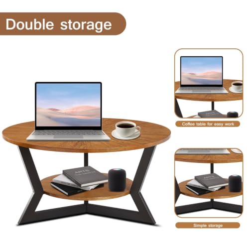 Round Coffee Table, Solid Wood Circle Coffee Table with 2-Tier Storage, view 8