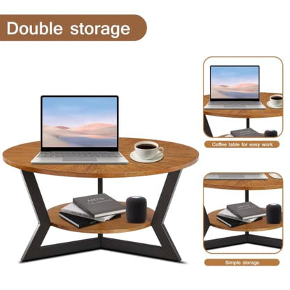 Round Coffee Table, Solid Wood Circle Coffee Table with 2-Tier Storage, view 8