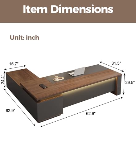 63" Reversible L-Shaped Executive Desk with Drawers – Compact Office Computer Desk with Open Shelves, LED Lighting, Built-in Outlet & USB Ports for Home, Office, School (63" W x 63" D x 30" H)