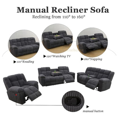 Manual Recliner Sofa Set, Corduroy Recliner Loveseat, Living Room Furniture Set Modern Loveseat Sofa, Reclining Couches for Living Room/Office(3 Piece Set, Dark Grey)