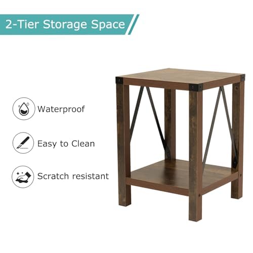 22'' End Table with 2-Tier Storage Shelf, Square Side Table for Small Spaces, Couch Bedside Table, Rustic A-Design Nightstand Sofa for Living Room, Bedroom, Apartment (2,Brown)
