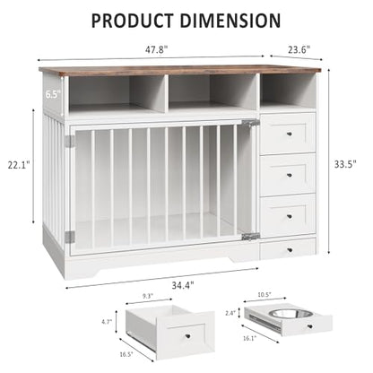 48'' Dog Crate Furniture, Dog Cage with Bowl and Storage, White, view 3