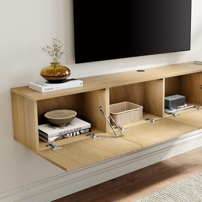 70" Modern Fluted Floating TV Stand, Oak, view 6