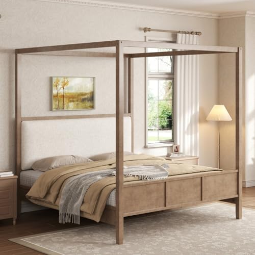 Canopy Bed King Size with Upholstered Headboard, Footboard, Natural, view 5