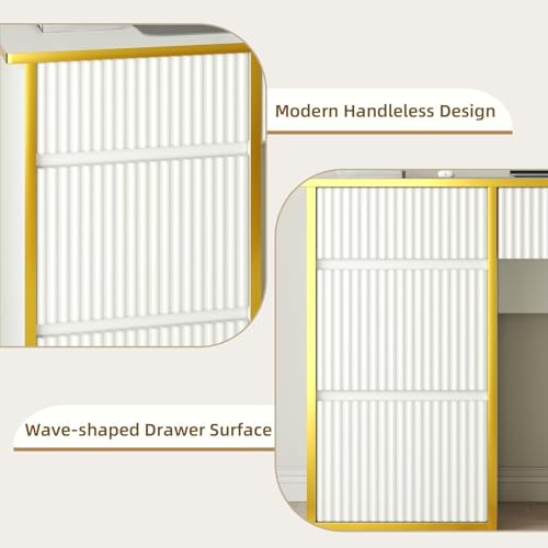 White Desk with Drawers, 47'' Computer Desk with 4 Drawers for Small Spaces, Small Office Desk with File Drawer for Study Room, Bedroom, White and Gold Desk