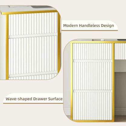 White Desk with Drawers, 47'' Computer Desk with 4 Drawers for Small Spaces, Small Office Desk with File Drawer for Study Room, Bedroom, White and Gold Desk