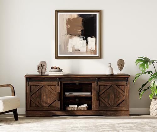 25.6"H Farmhouse TV Stand for 75" TV with Barn Doors& Hidden Storage | 66.1" W Rustic Country-Style TV Cabinet with Smooth Barn Door Slides,Holds 135+ CDs,Height-Adjustable Media Shelf