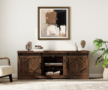 25.6"H Farmhouse TV Stand for 75" TV with Barn Doors& Hidden Storage | 66.1" W Rustic Country-Style TV Cabinet with Smooth Barn Door Slides,Holds 135+ CDs,Height-Adjustable Media Shelf
