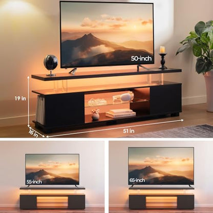 Black TV Stand,LED TV Stand for Living Room,Glass Entertainment Center TV Stand, TV Console Tables for Living Room,Bedroom,Home Office