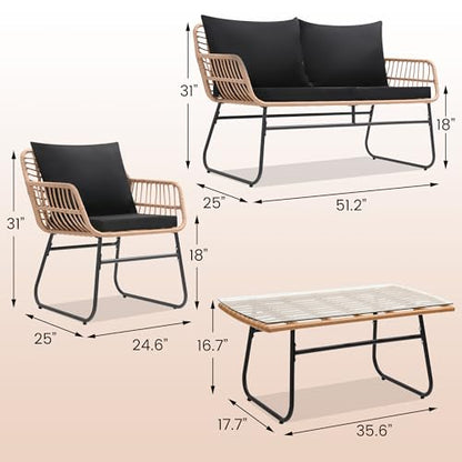 4 Piece Patio Bistro Outdoor Furniture Set, Wicker Sofa, 2 Rattan Chairs and Table, Backyard Conversation Set, Washable Cushions, Natural Rattan Black Cushion