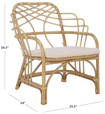 SAFAVIEH Home Collection - Junie Tropical Rattan Dining Chair, Natural & Cream Upholstered Seat, Coastal Boho Accent Chair, Fully Assembled (SEA8040A)