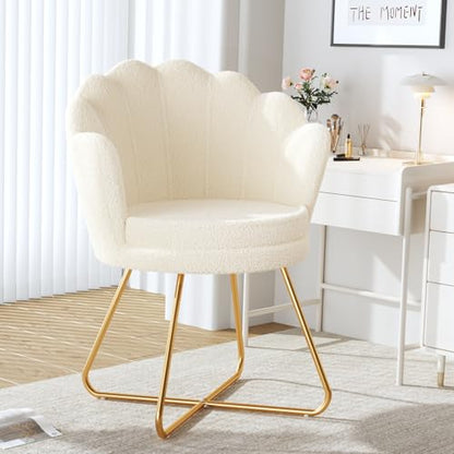 Vanity Chair with Back, Upholstered Accent Chair for Living Room, Makeup Chair for Bedroom Sherpa ArmChairs Home Office Desk Chair with Gold Metal Legs (White)