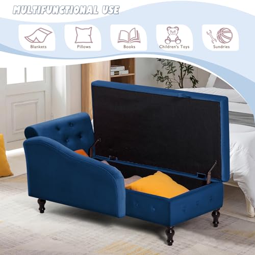 Velvet Chaise Lounge w/Right Armrest & Storage Space, Blue, view 7