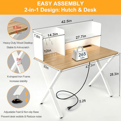 44"×24" White Computer Desk with Charging Ports & Hutch Pegboard, view 3