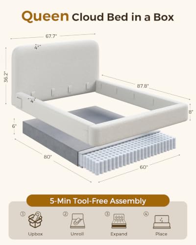 Upholstered Cloud Bed Queen Size Bed Frame with Headboard, Beige, view 3