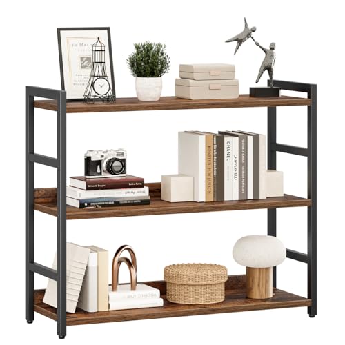 Wide Bookshelf, 3 Tier Bookshelves, Home Office Bookcase Shelf Storage Organizer, Free Standing Storage Shelving Unit for Bedroom, Living Room and Home Office, Vintage