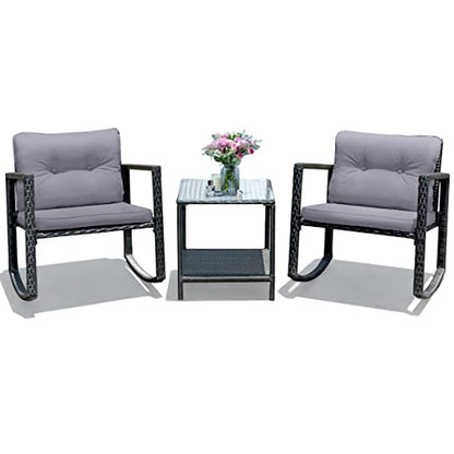 3 Pieces Patio Wicker Rocking Bistro Set, Outdoor Rocking Chair Furniture Set w/Cushioned Seat, Conversation Set w/Glass Coffee Table and Storage Shelf (Gray)