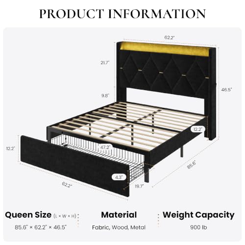 Queen Size Bed Frame with Storage Drawer & LED Lights, Black, view 3