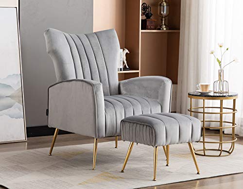 Curved Tufted Accent Chair with Metal Gold Legs Velvet Upholstered Arm Club Leisure Modern Chair for Living Room Bedroom Patio, Grey