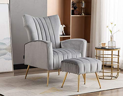Curved Tufted Accent Chair with Metal Gold Legs Velvet Upholstered Arm Club Leisure Modern Chair for Living Room Bedroom Patio, Grey