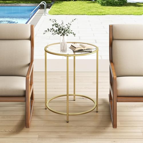 Round Side Table, Modern Style Coffee Table, Sofa Table, Table with Metal Shelves and Glass Top, End Table for Living Room, Bedroom, Balcony, Patio, (H) 25.59 inch× (D) 19.69 inch, Gold