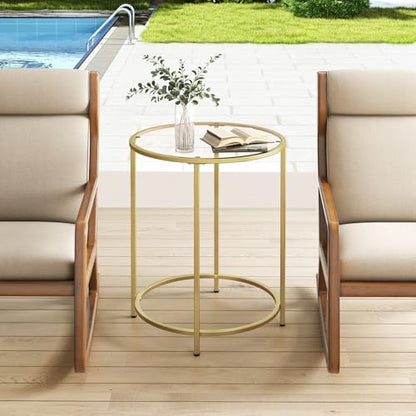 Round Side Table, Modern Style Coffee Table, Sofa Table, Table with Metal Shelves and Glass Top, End Table for Living Room, Bedroom, Balcony, Patio, (H) 25.59 inch× (D) 19.69 inch, Gold