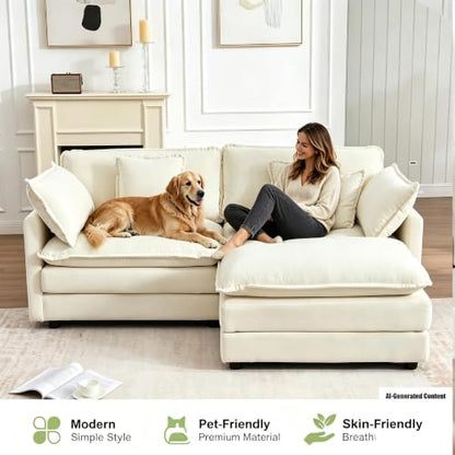 Modular Sectional Sofa with Ottoman: 76.7" Modern L Shaped Sectionals Cloud Couch, Comfy Couch Loveseat, 3 Seat Chenille Deep Seat Sofa with Pillow for Living Room,Bedroom Apartment,Small Spaces-Beige