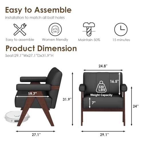 Black Leather Accent Chairs Set of 2, Mid Century Modern Accent Chair, Side Arm Chairs for Living Room, Office Guest Waiting Room Chairs (2, Black)