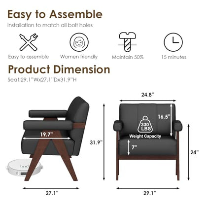 Black Leather Accent Chairs Set of 2, Mid Century Modern Accent Chair, Side Arm Chairs for Living Room, Office Guest Waiting Room Chairs (2, Black)